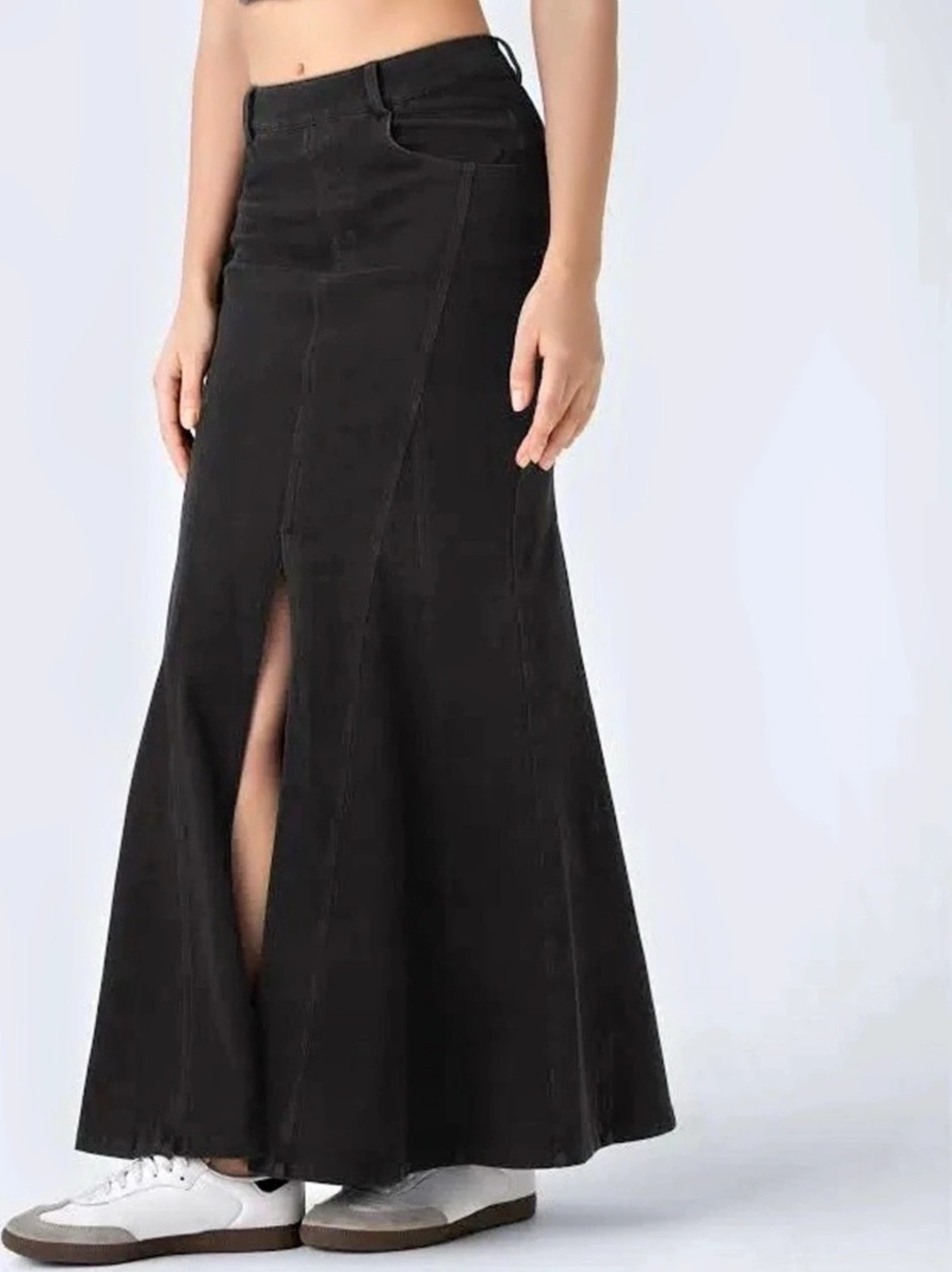 Halara Flex High Waisted Split Denim Maxi Skirt Black XS tall